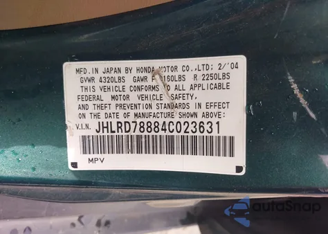 2004 Honda Cr-V Ex from USA, damaged, VIN JHLRD78884C023631